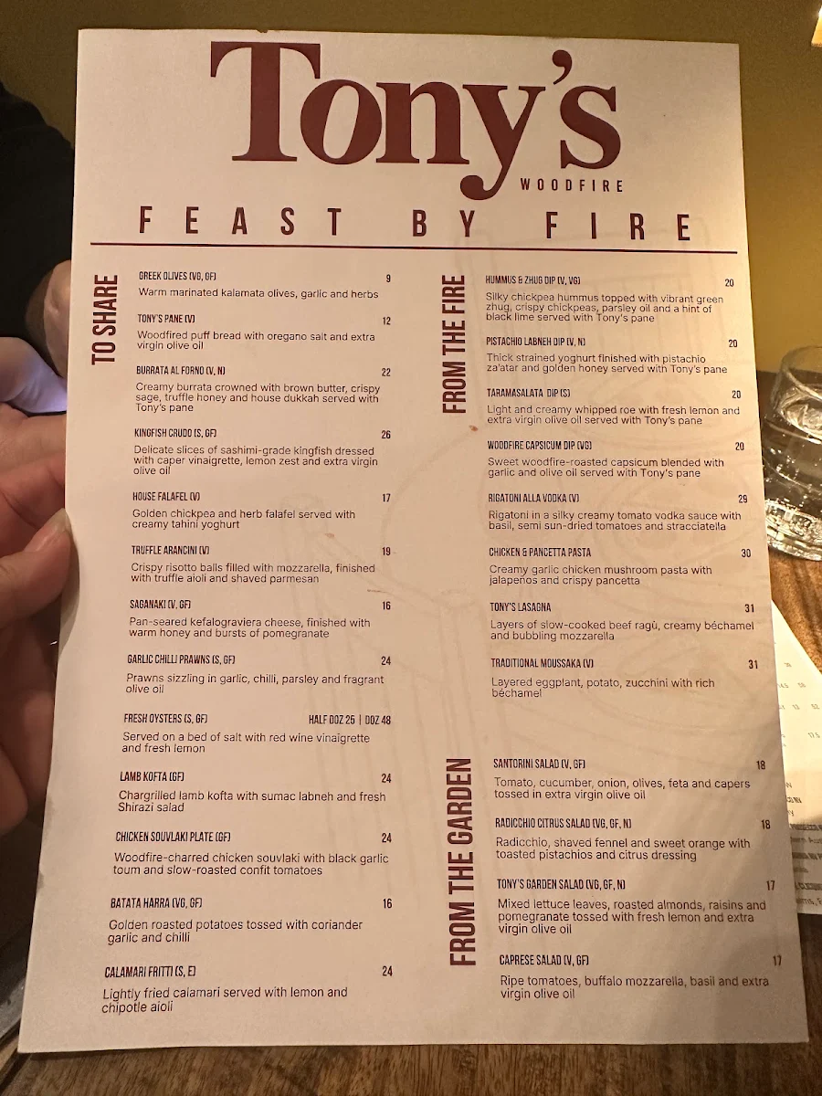 Menu, Tony's Woodfire