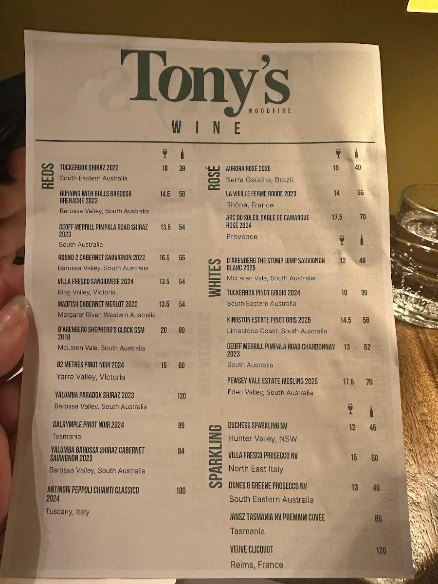 Menu, Tony's Woodfire