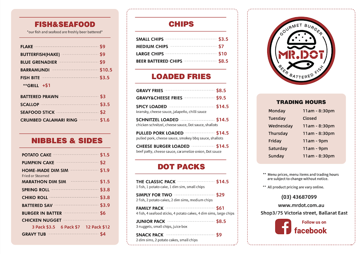 Menu, Mr.Dot Ballarat