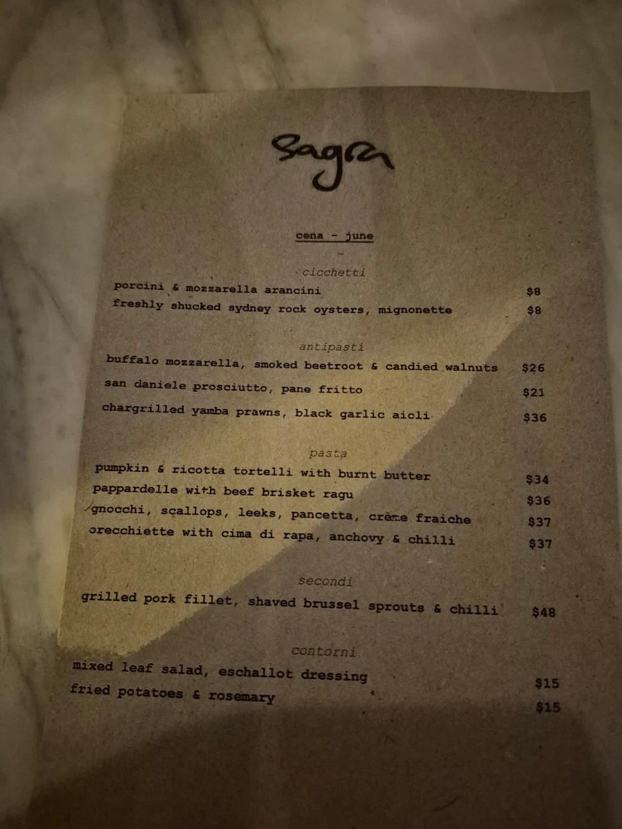 Menu, Sagra Restaurant