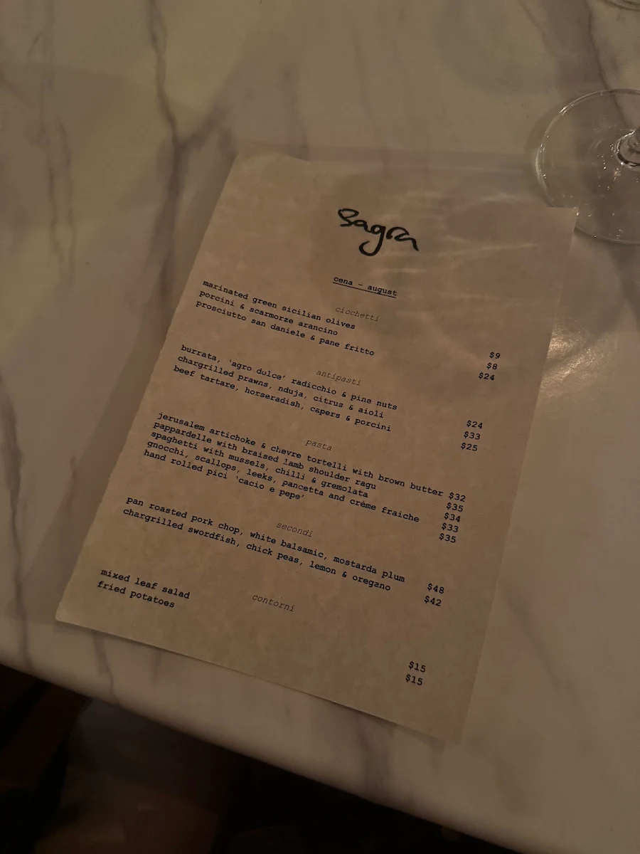 Menu, Sagra Restaurant