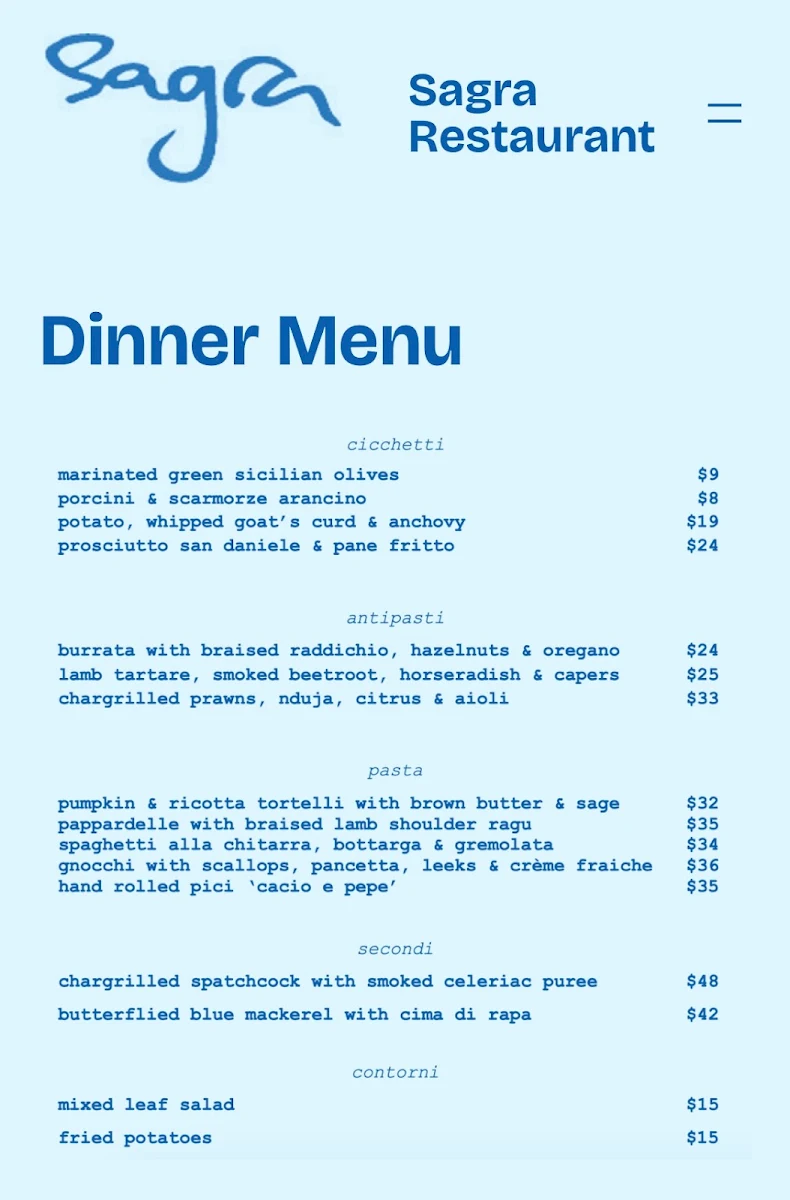 Menu, Sagra Restaurant