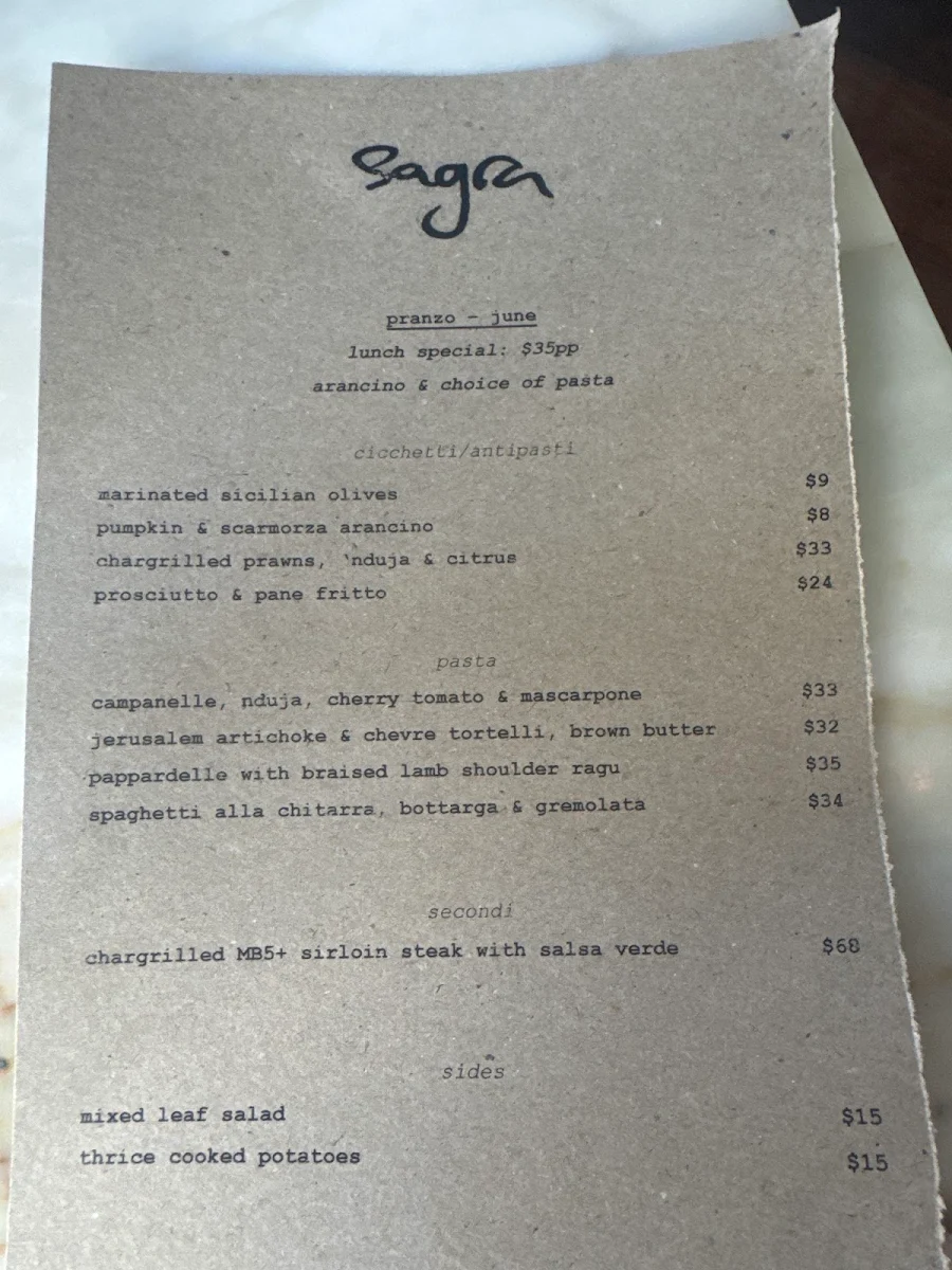 Menu, Sagra Restaurant