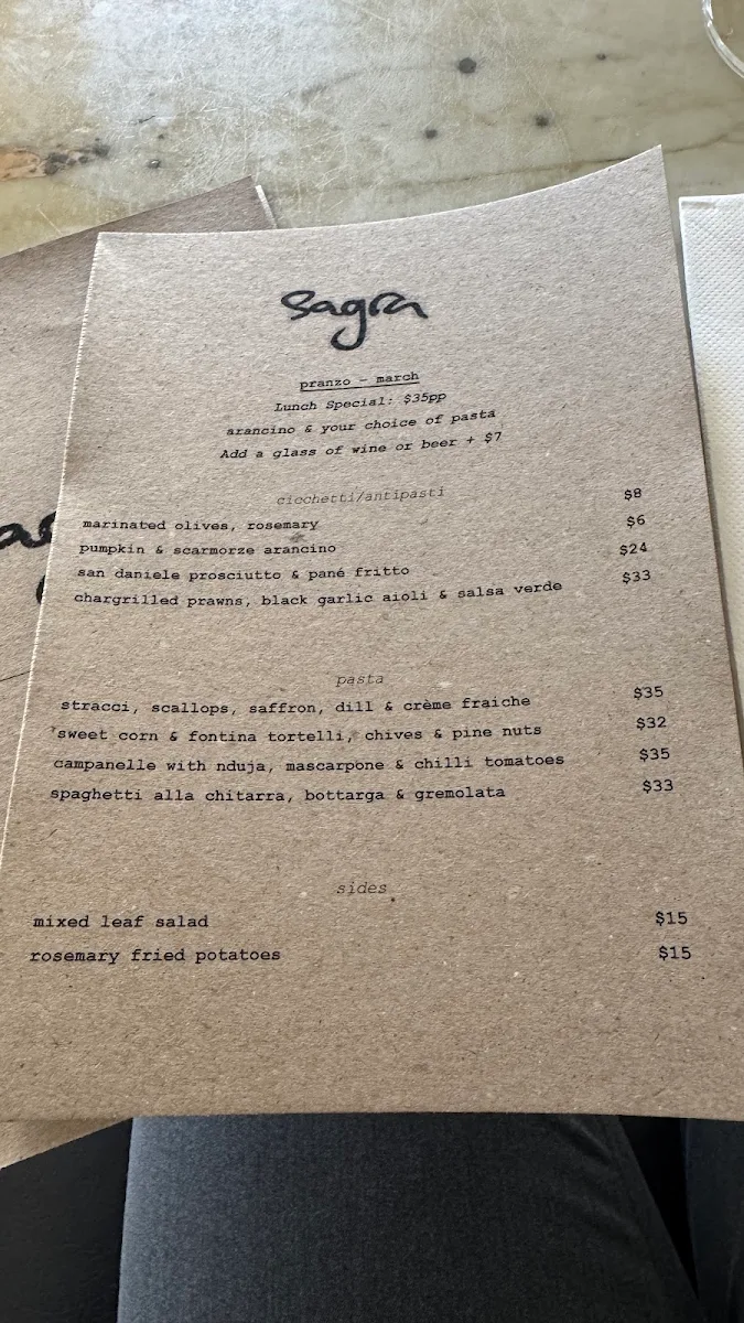 Menu, Sagra Restaurant