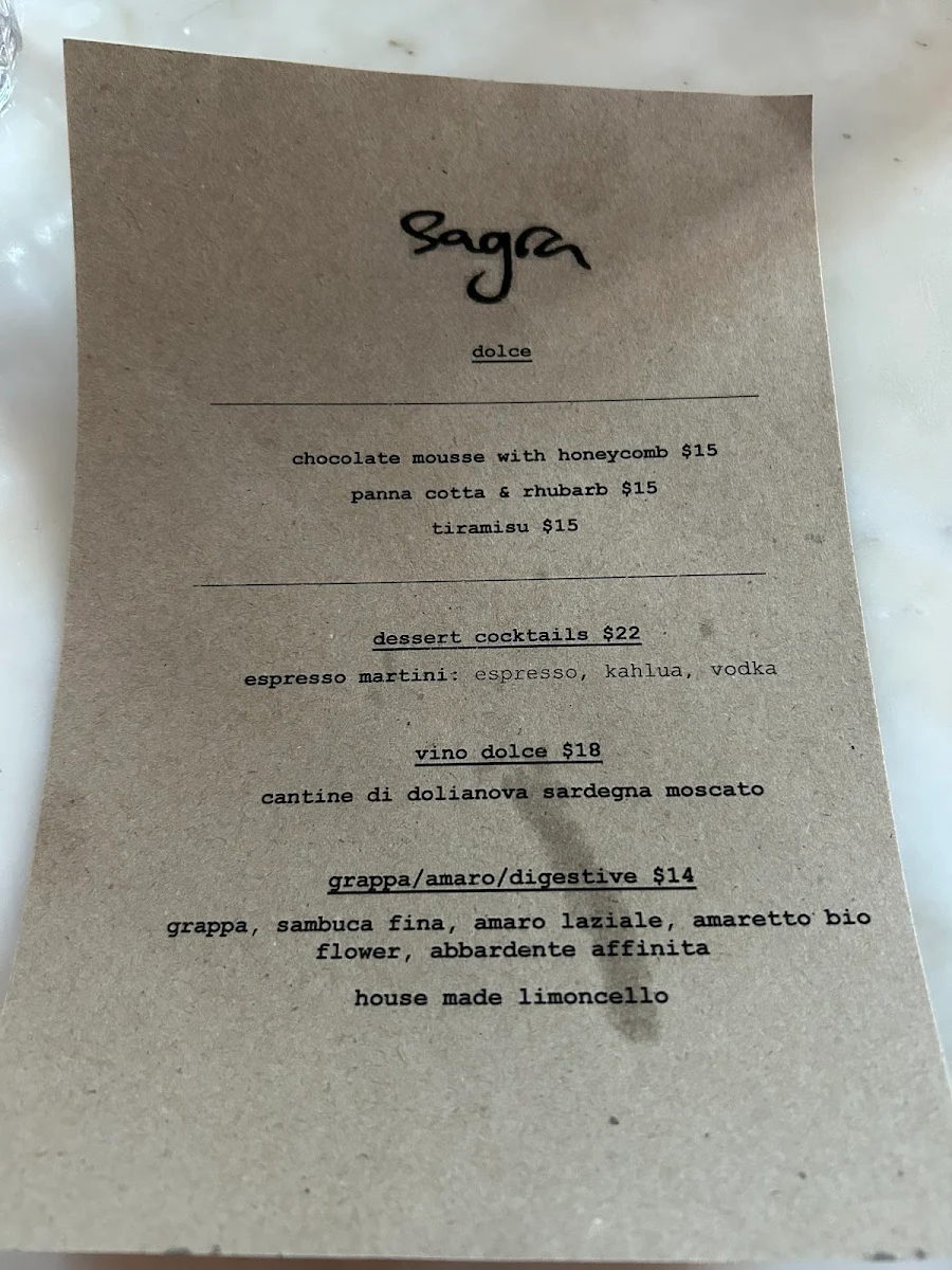 Menu, Sagra Restaurant