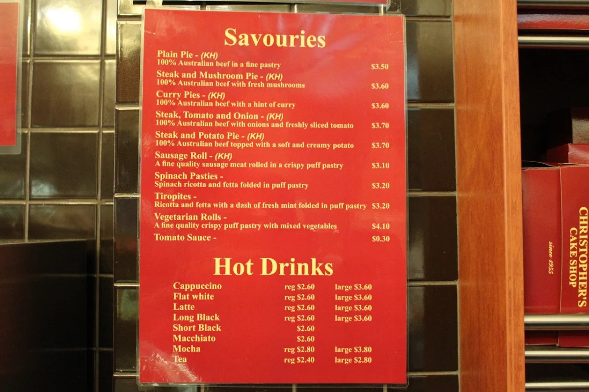Menu, Christopher's Cake Shop Surry Hills