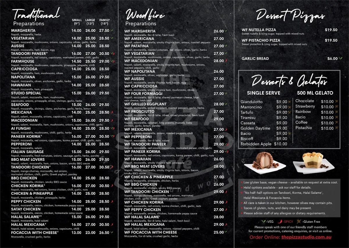 Menu, The Pizza Studio Cafe'