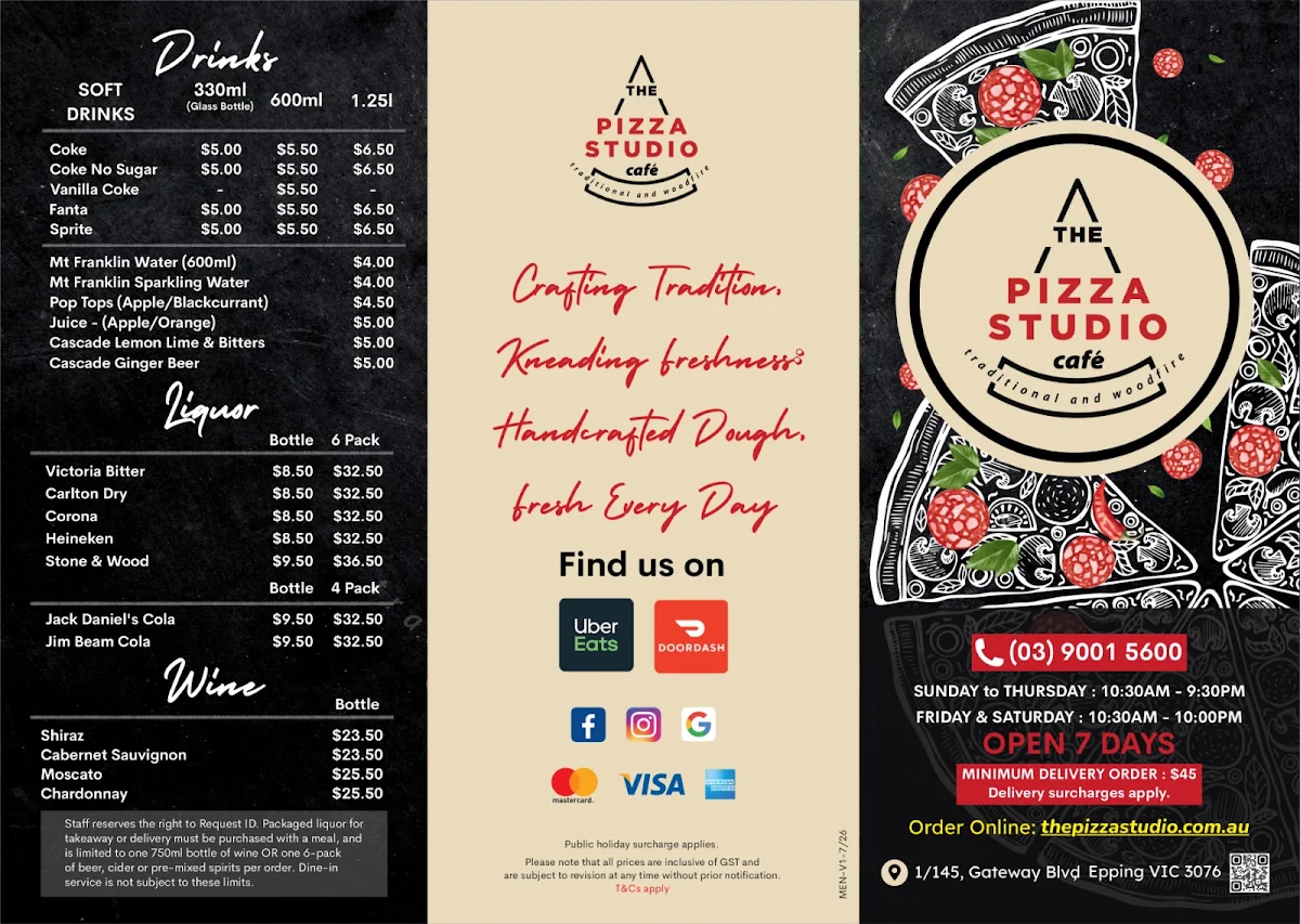 Menu, The Pizza Studio Cafe'