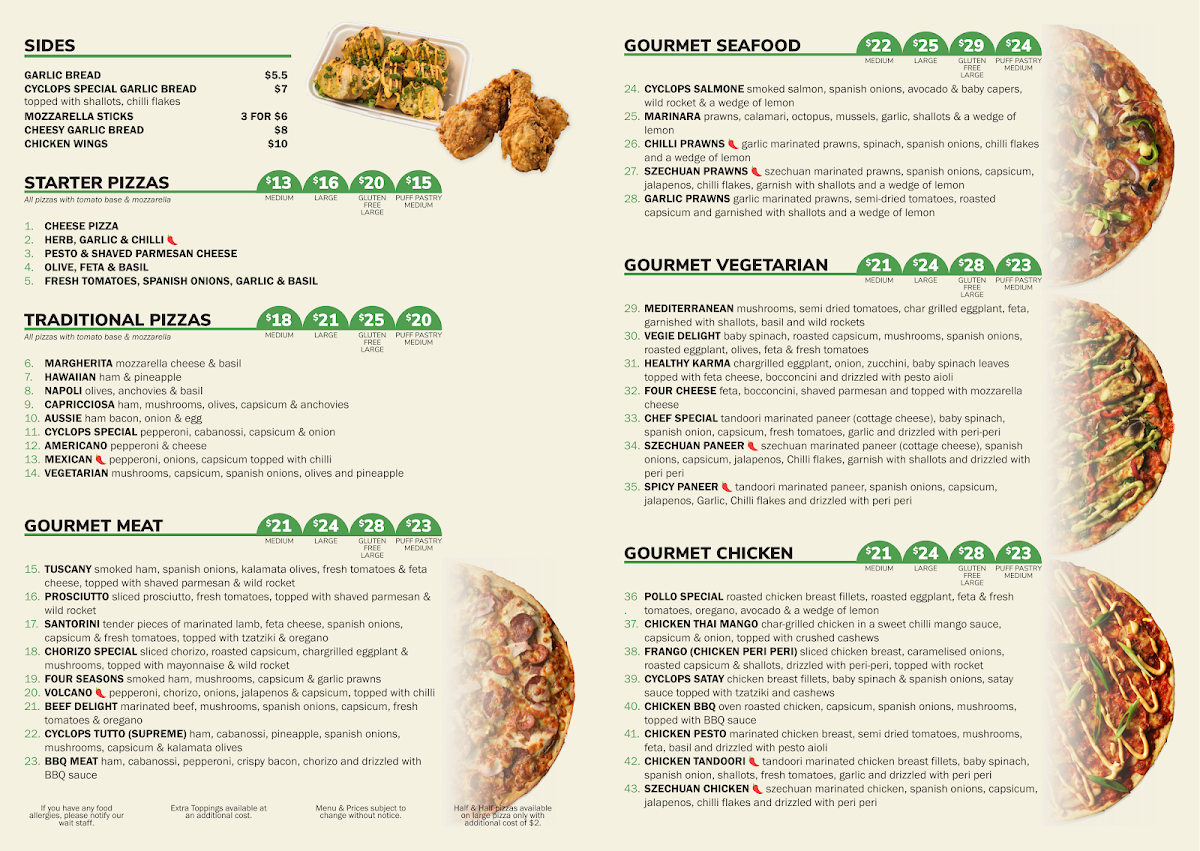 Menu, Cyclops Pizzeria