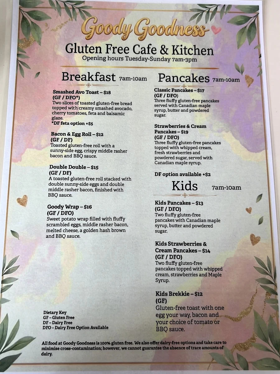 Menu, Goody Goodness Gluten Free Cafe & Kitchen