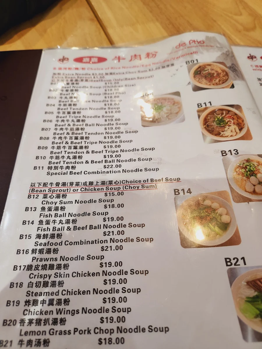 Menu, De Pho