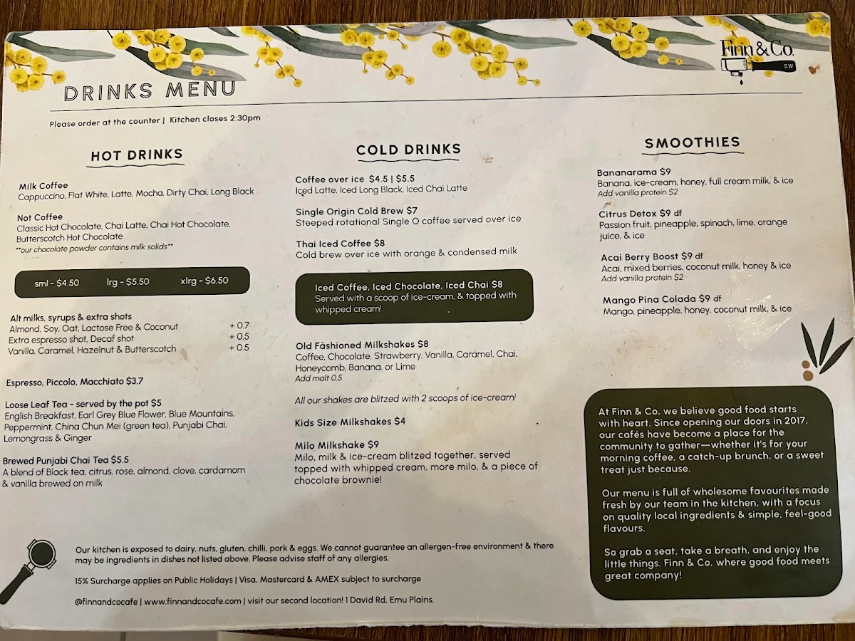 Menu, Finn & Co Cafe Springwood