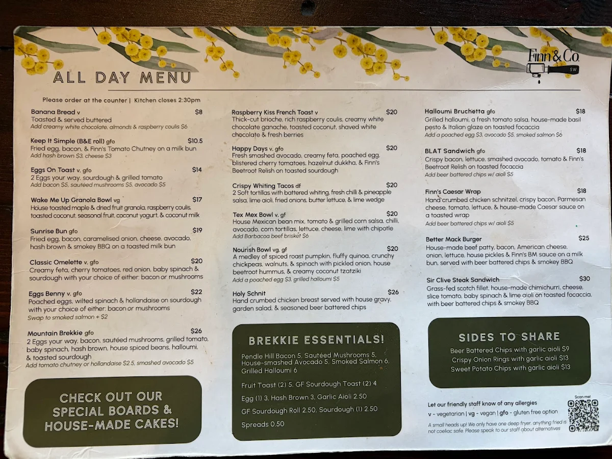Menu, Finn & Co Cafe Springwood