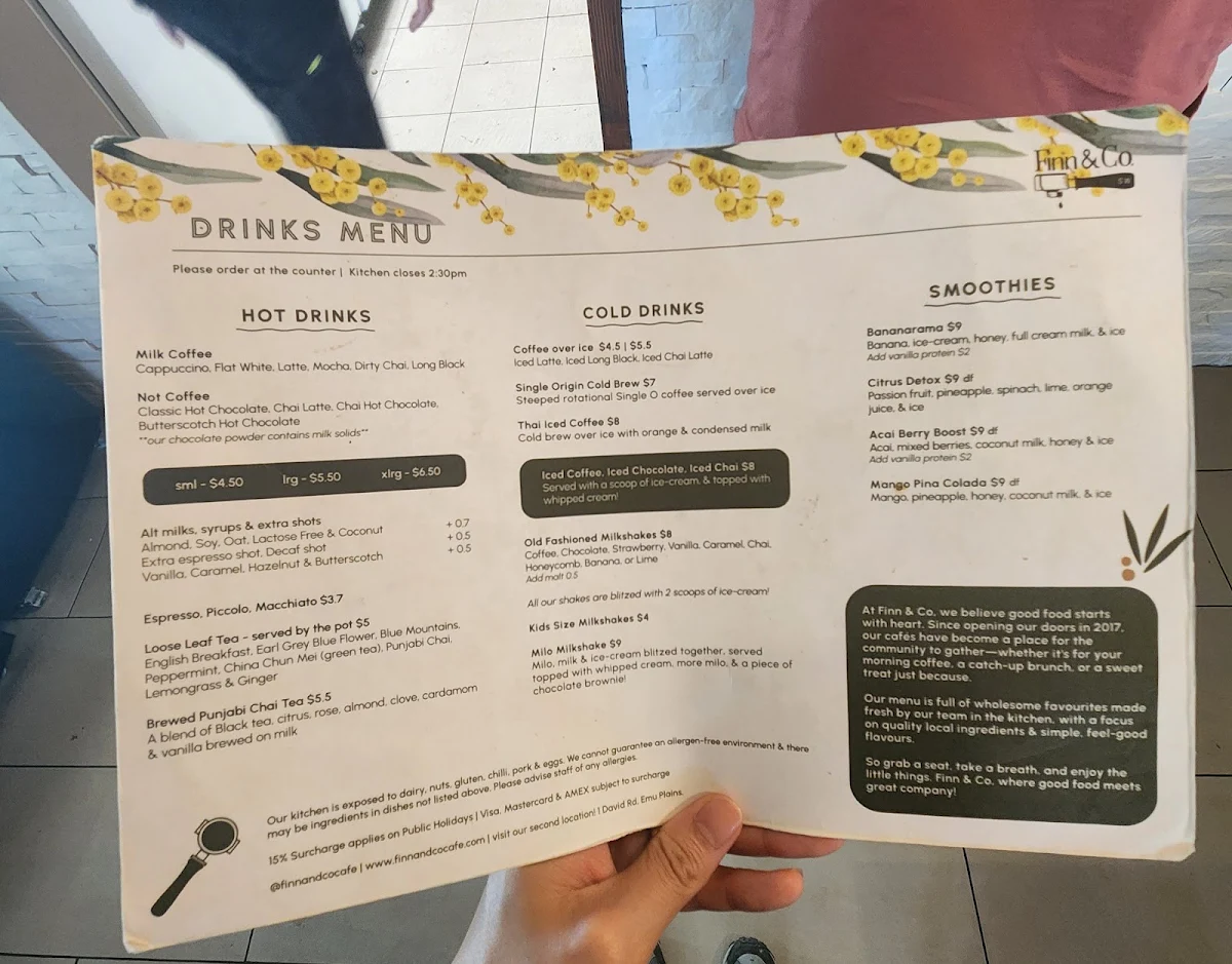Menu, Finn & Co Cafe Springwood