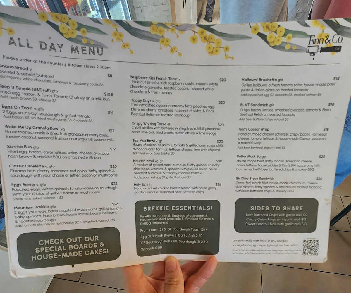 Menu, Finn & Co Cafe Springwood
