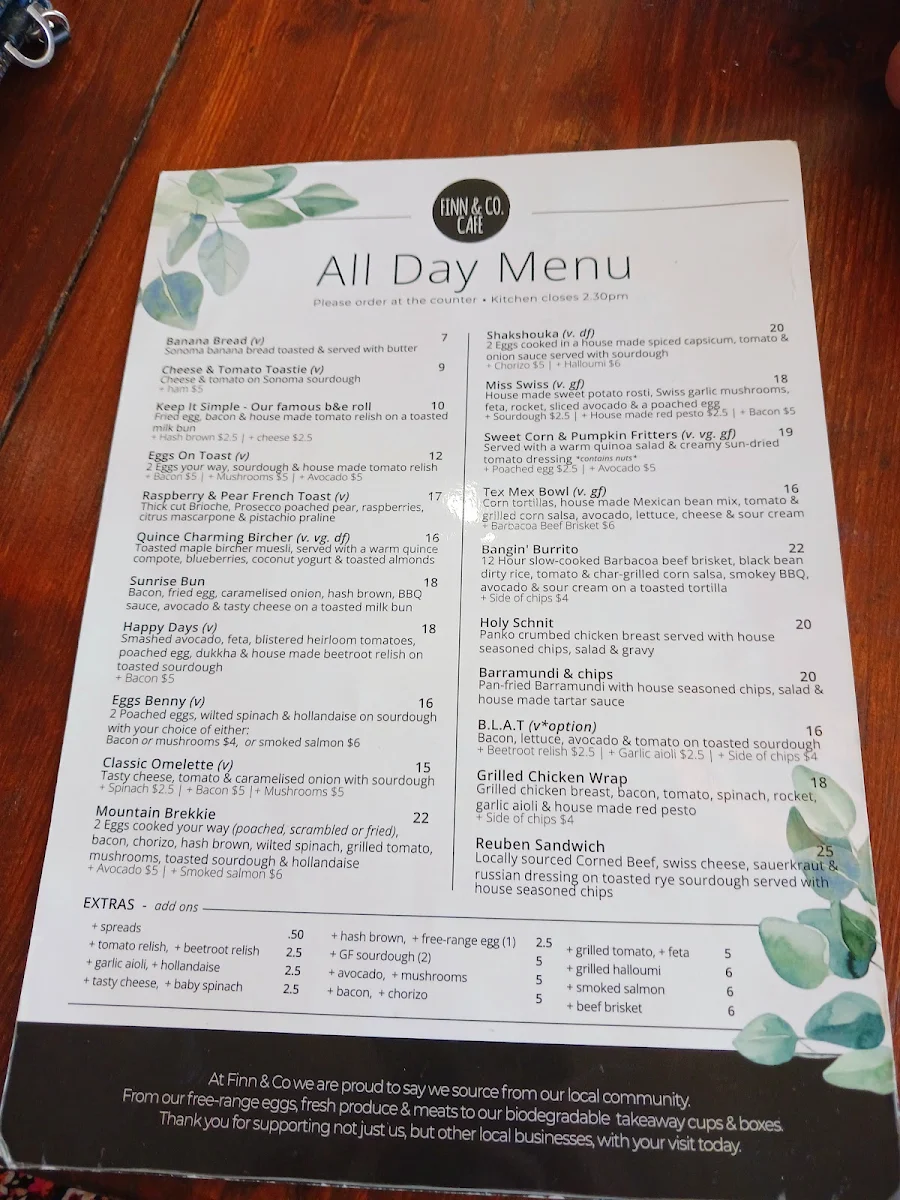 Menu, Finn & Co Cafe Springwood