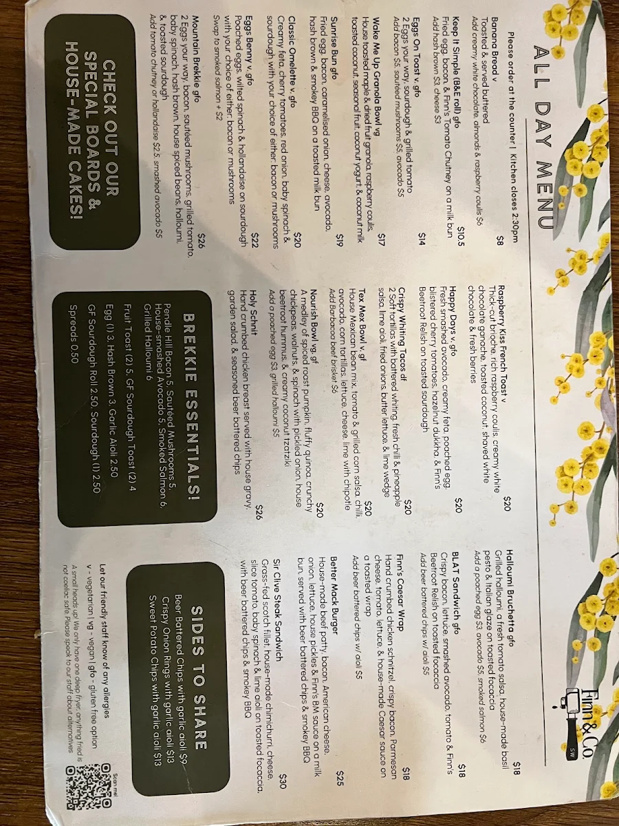 Menu, Finn & Co Cafe Springwood
