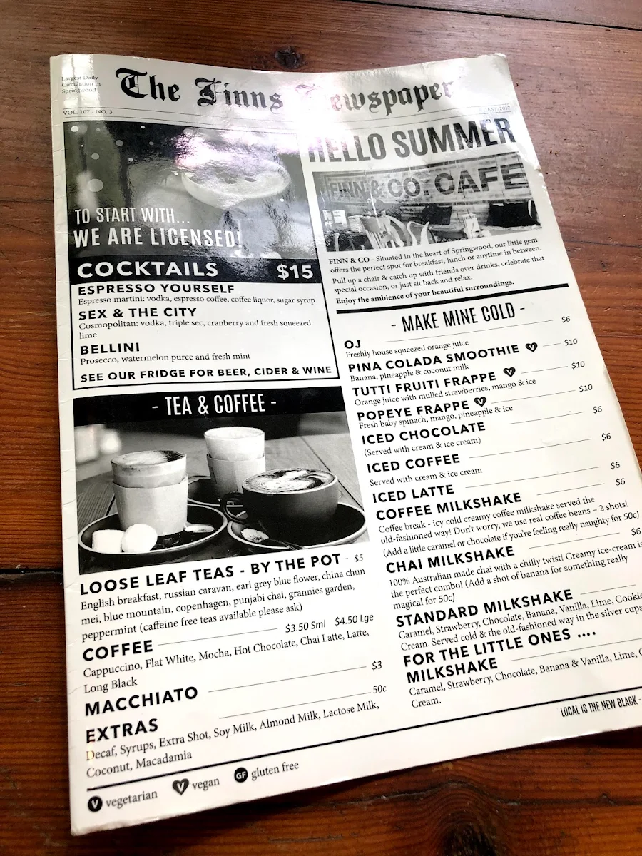 Menu, Finn & Co Cafe Springwood