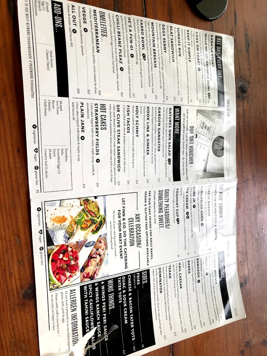 Menu, Finn & Co Cafe Springwood