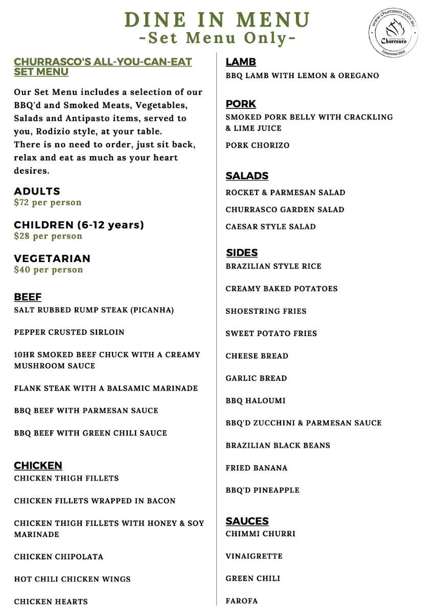 Menu, Churrasco Coogee - Brazilian Style BBQ