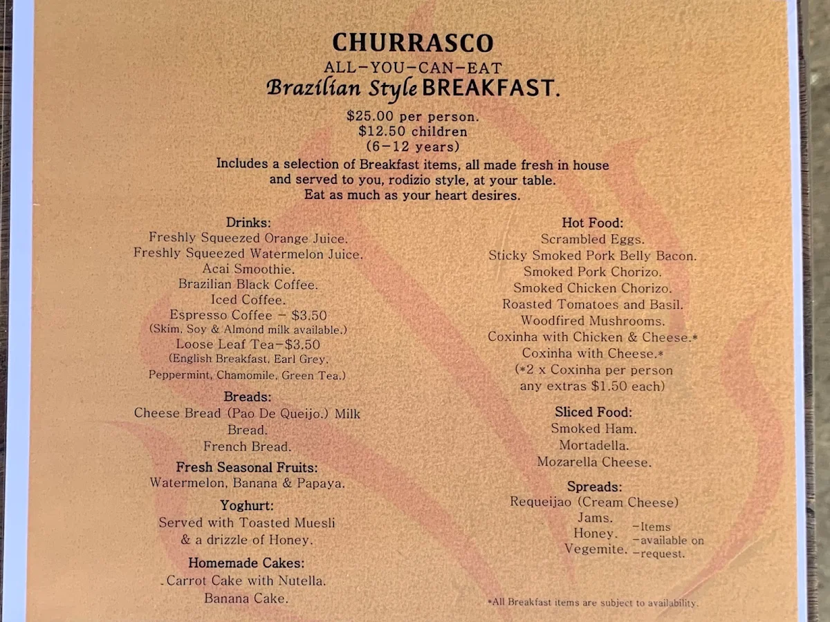 Menu, Churrasco Coogee - Brazilian Style BBQ