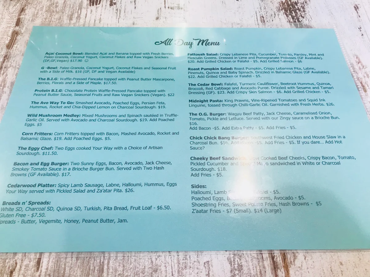 Menu, Cedarwood Cafe