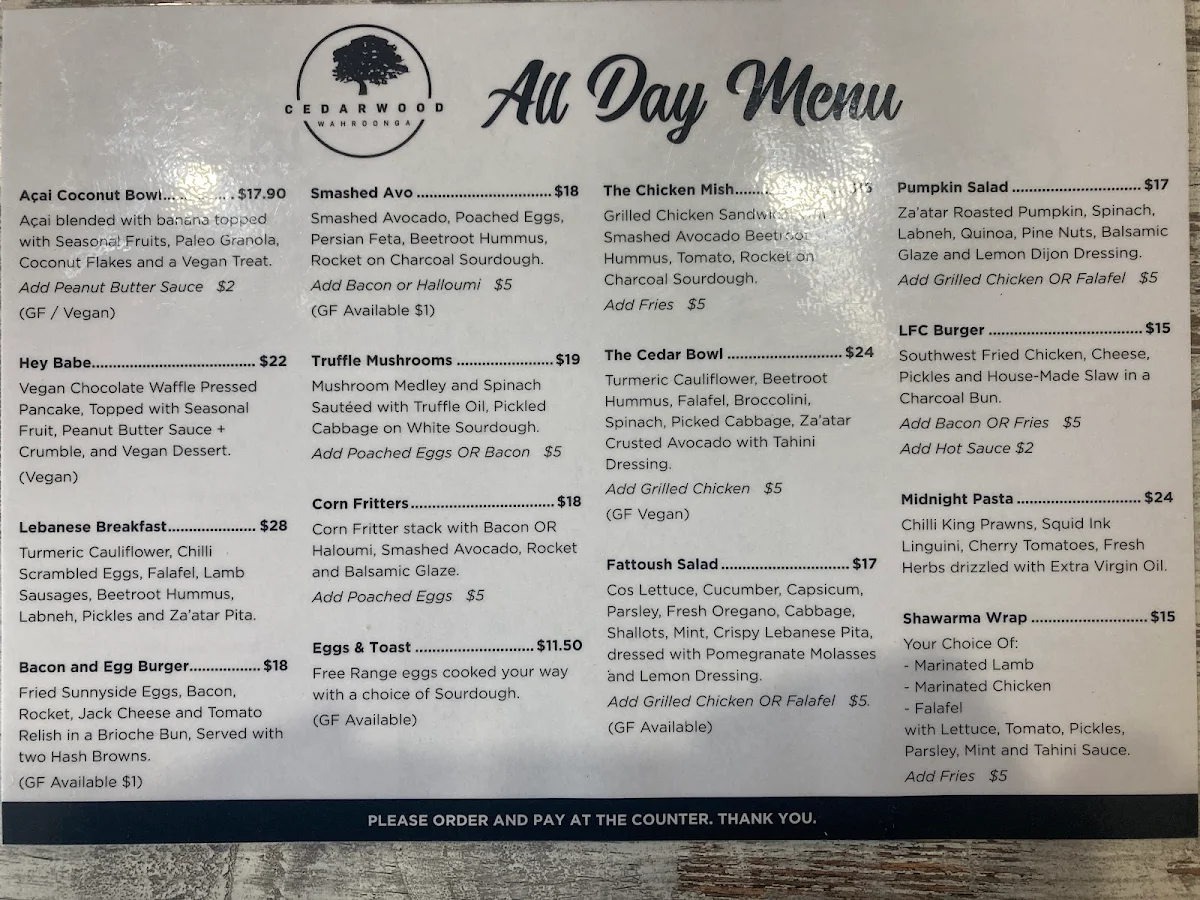 Menu, Cedarwood Cafe