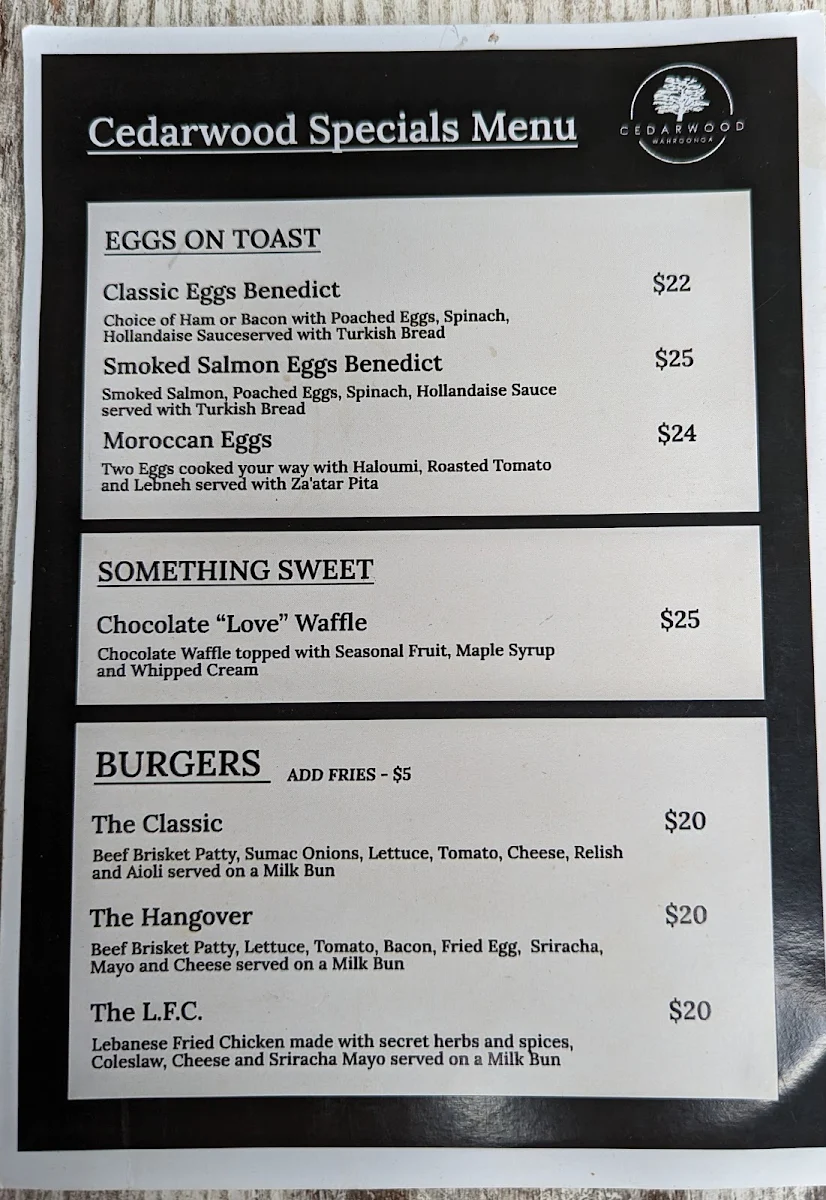 Menu, Cedarwood Cafe