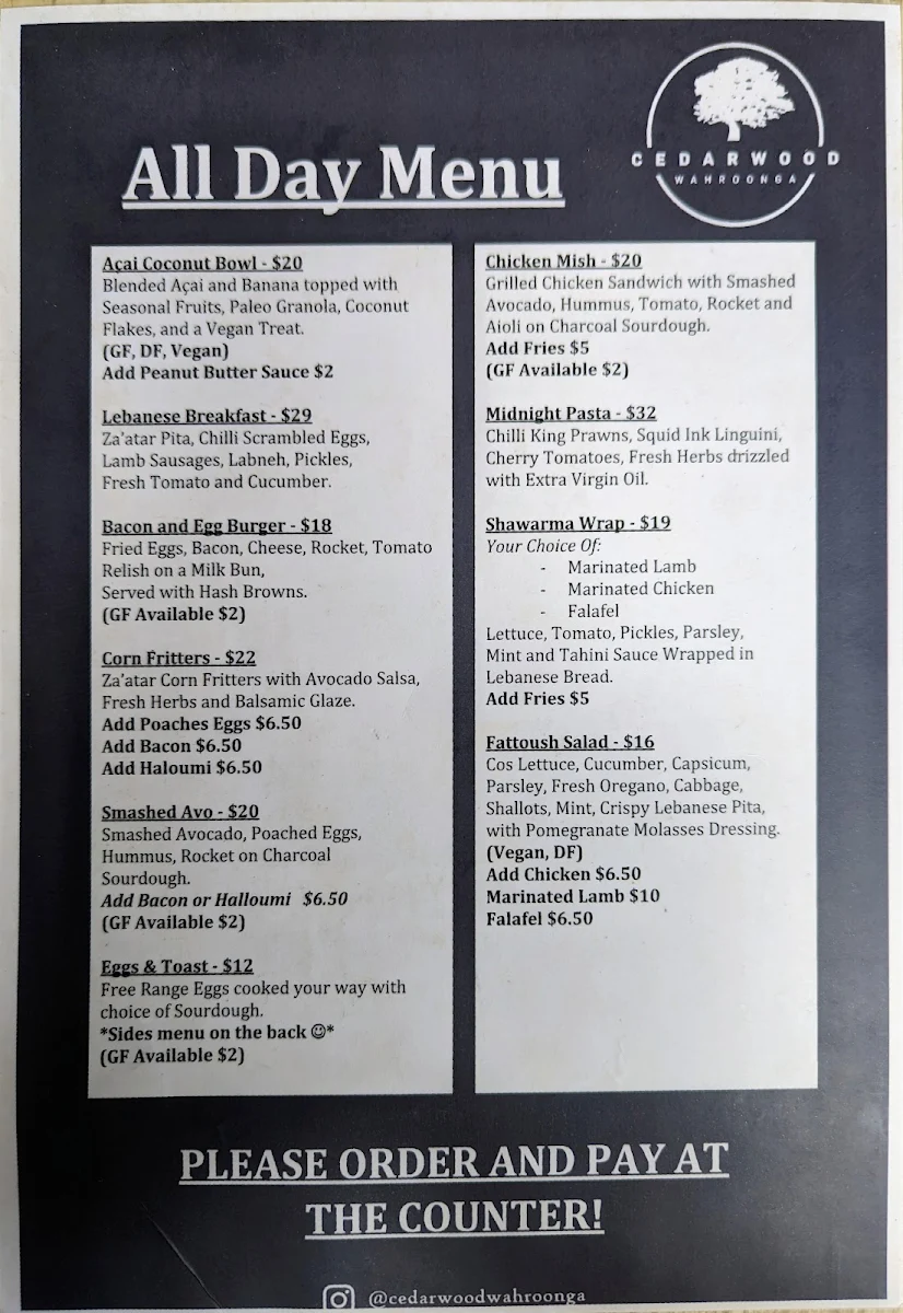 Menu, Cedarwood Cafe