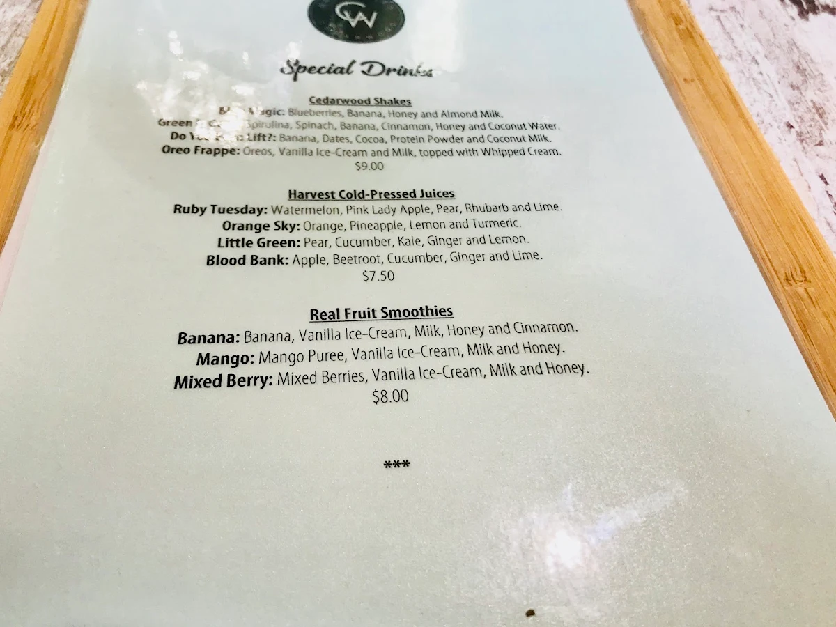 Menu, Cedarwood Cafe