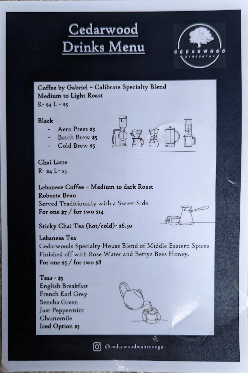 Menu, Cedarwood Cafe