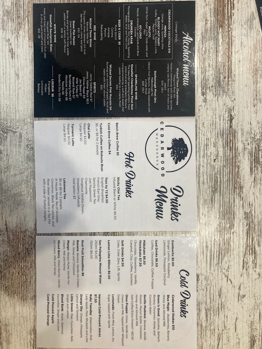 Menu, Cedarwood Cafe