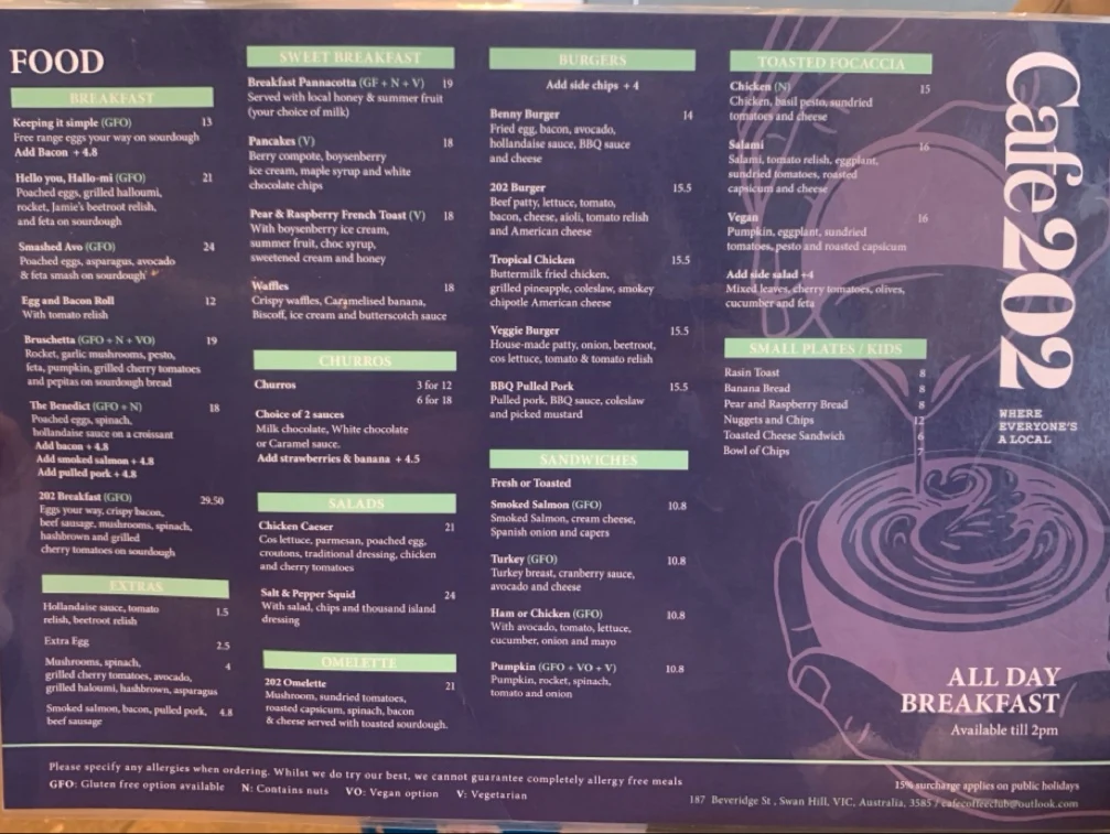 Menu, Cafe 202
