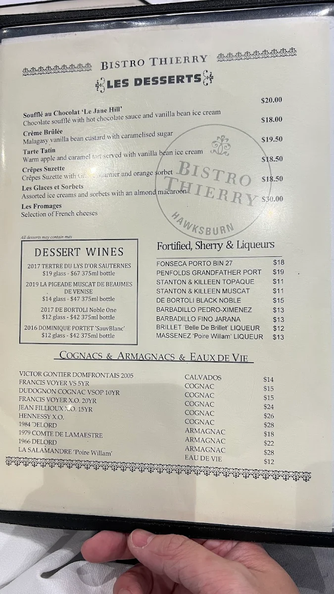 Menu, Bistro Thierry