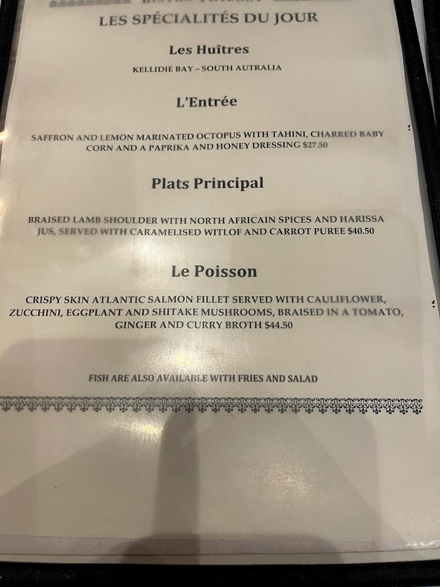 Menu, Bistro Thierry