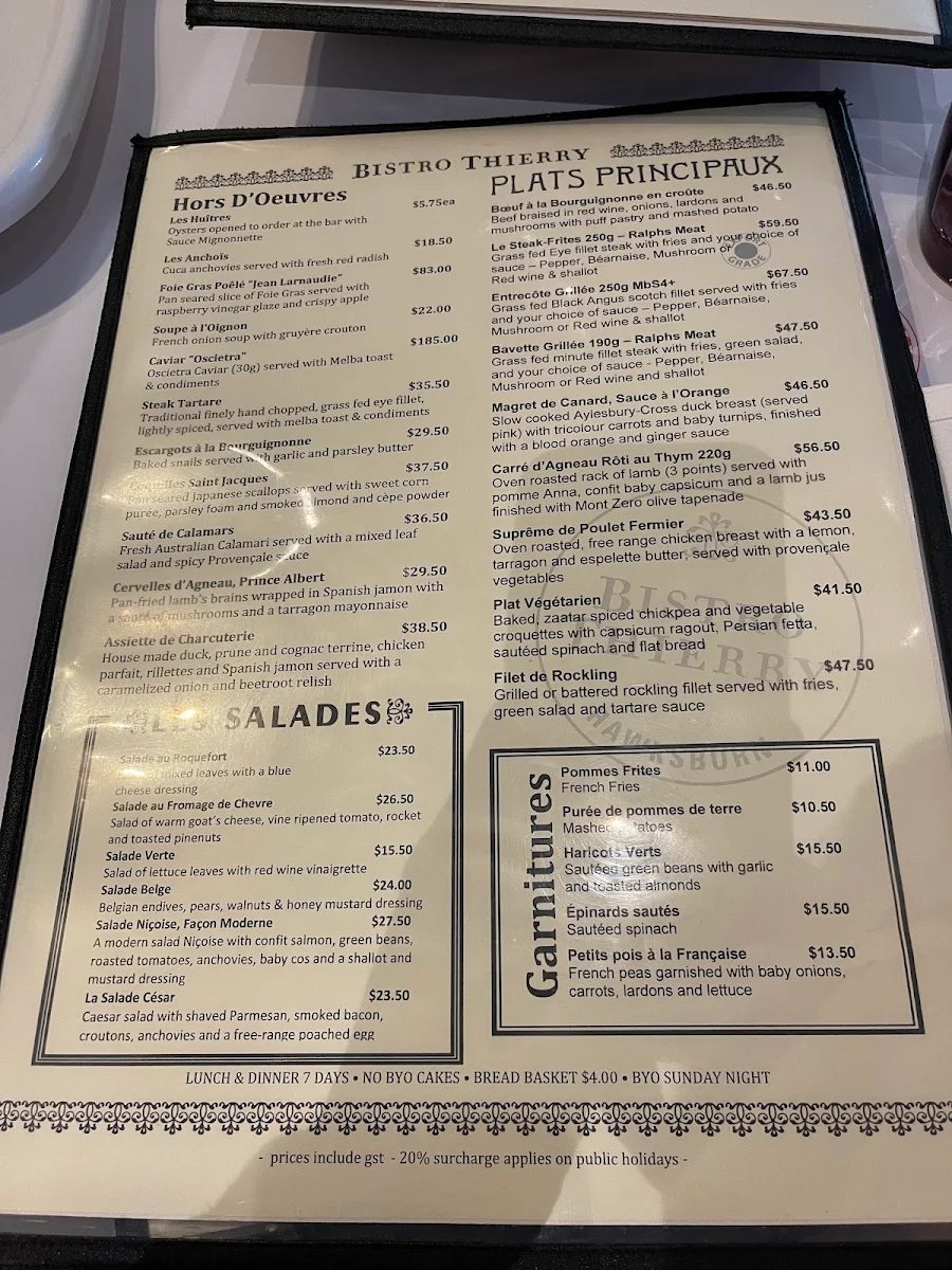 Menu, Bistro Thierry