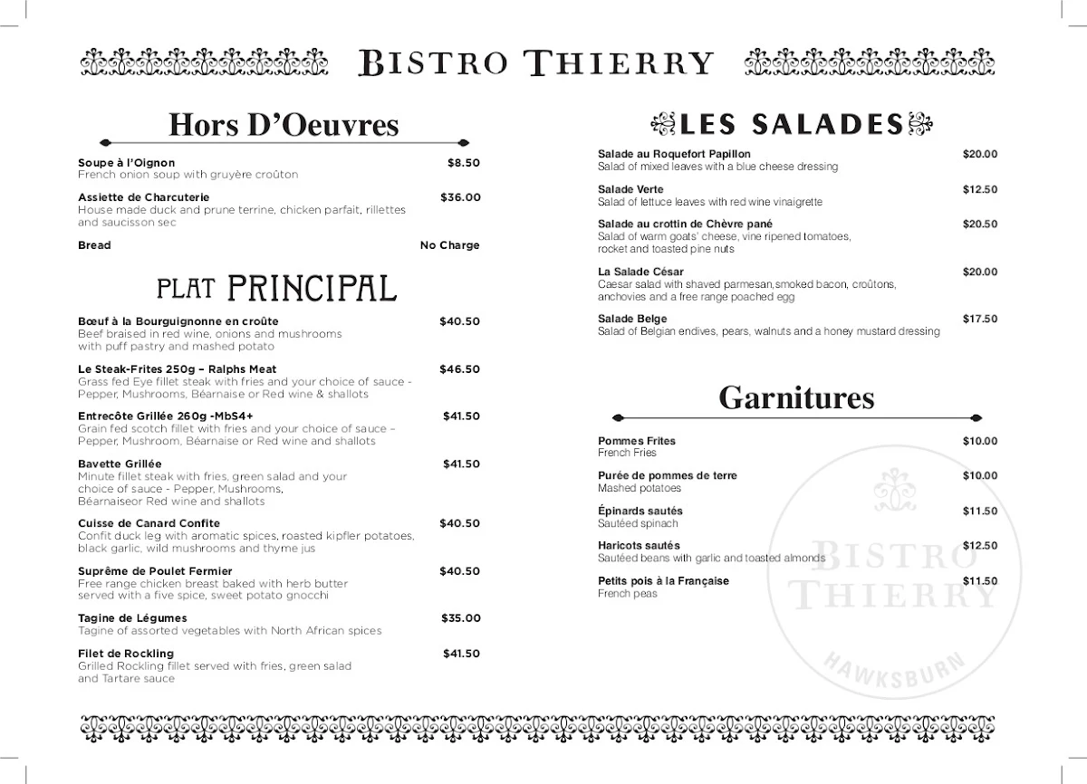 Menu, Bistro Thierry