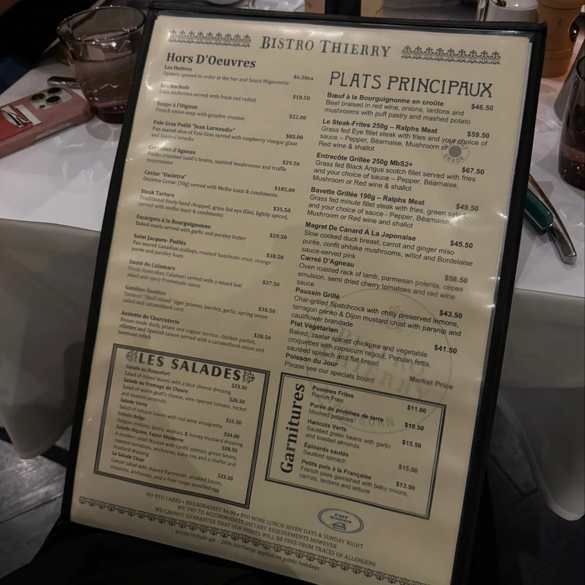 Menu, Bistro Thierry