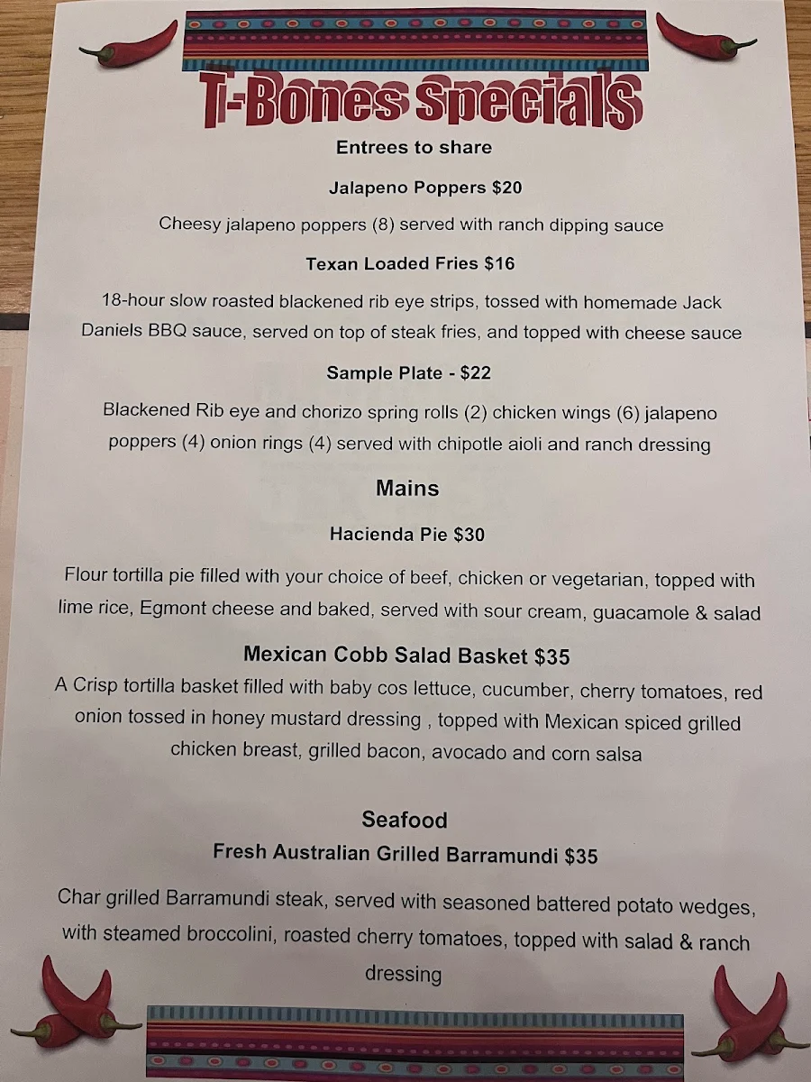 Menu, T-Bones Tex Mex