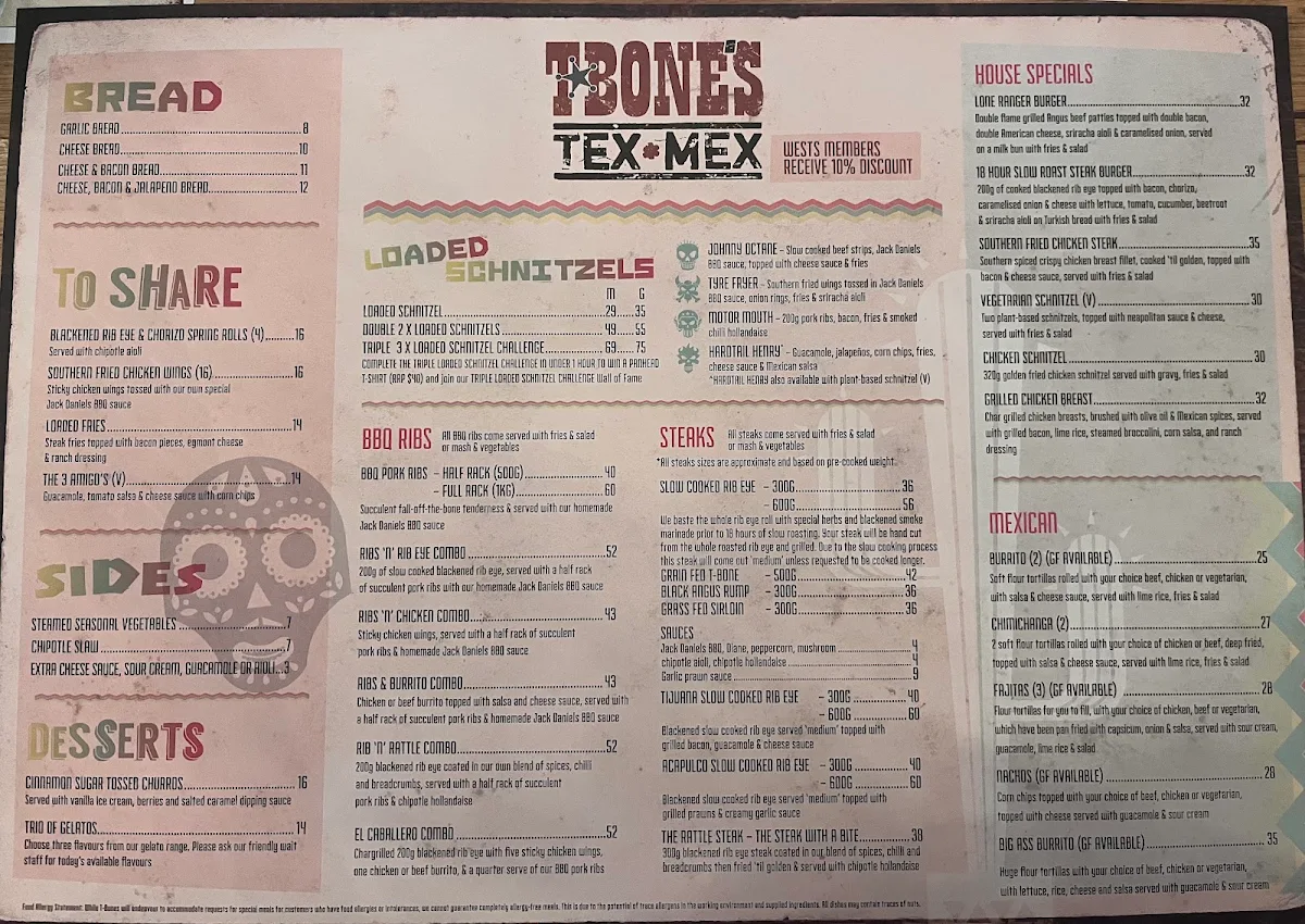 Menu, T-Bones Tex Mex