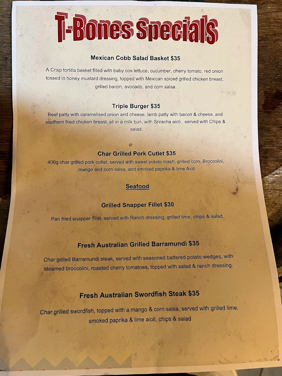Menu, T-Bones Tex Mex