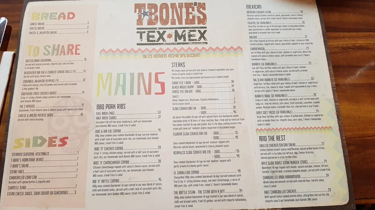 Menu, T-Bones Tex Mex