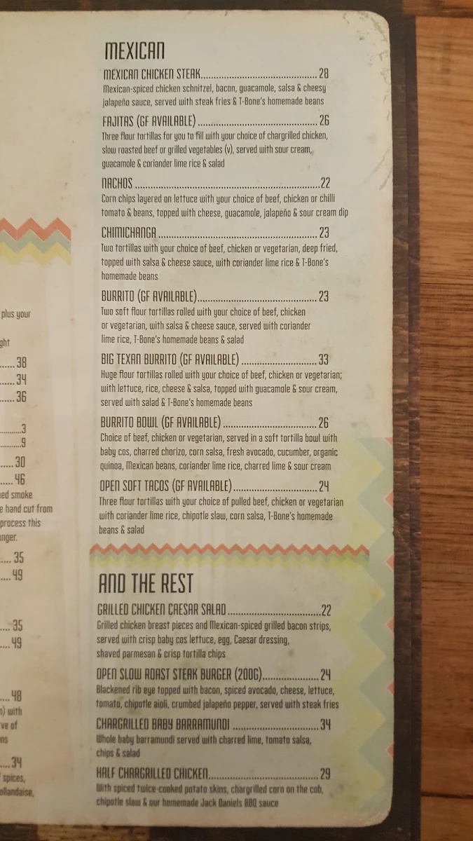 Menu, T-Bones Tex Mex
