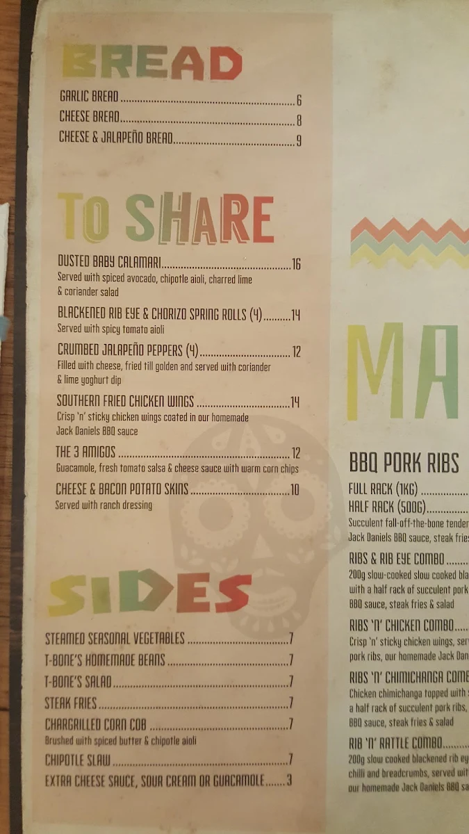 Menu, T-Bones Tex Mex