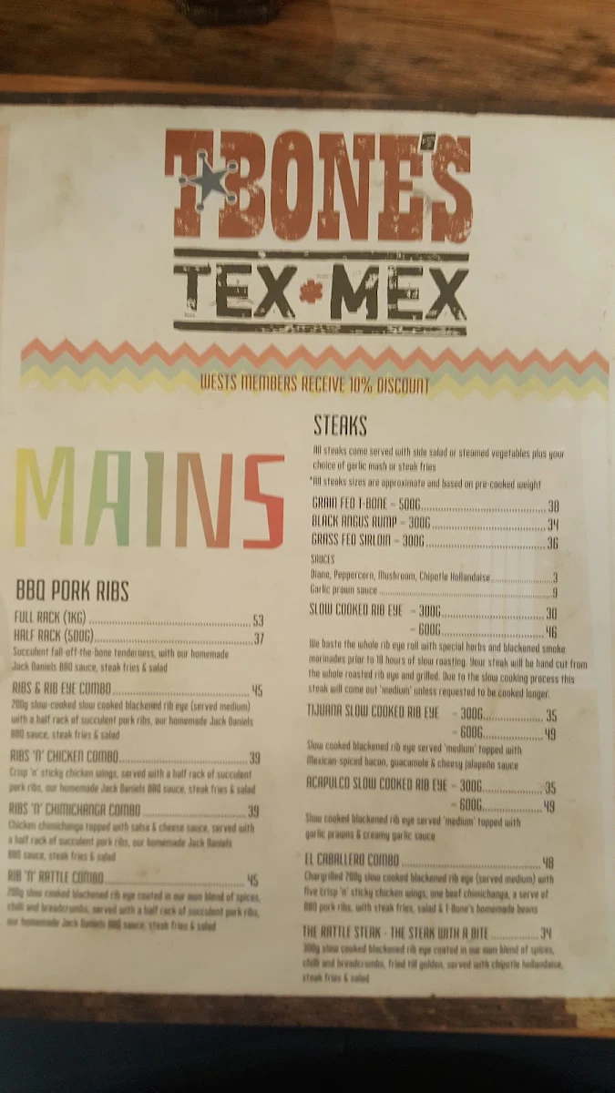 Menu, T-Bones Tex Mex