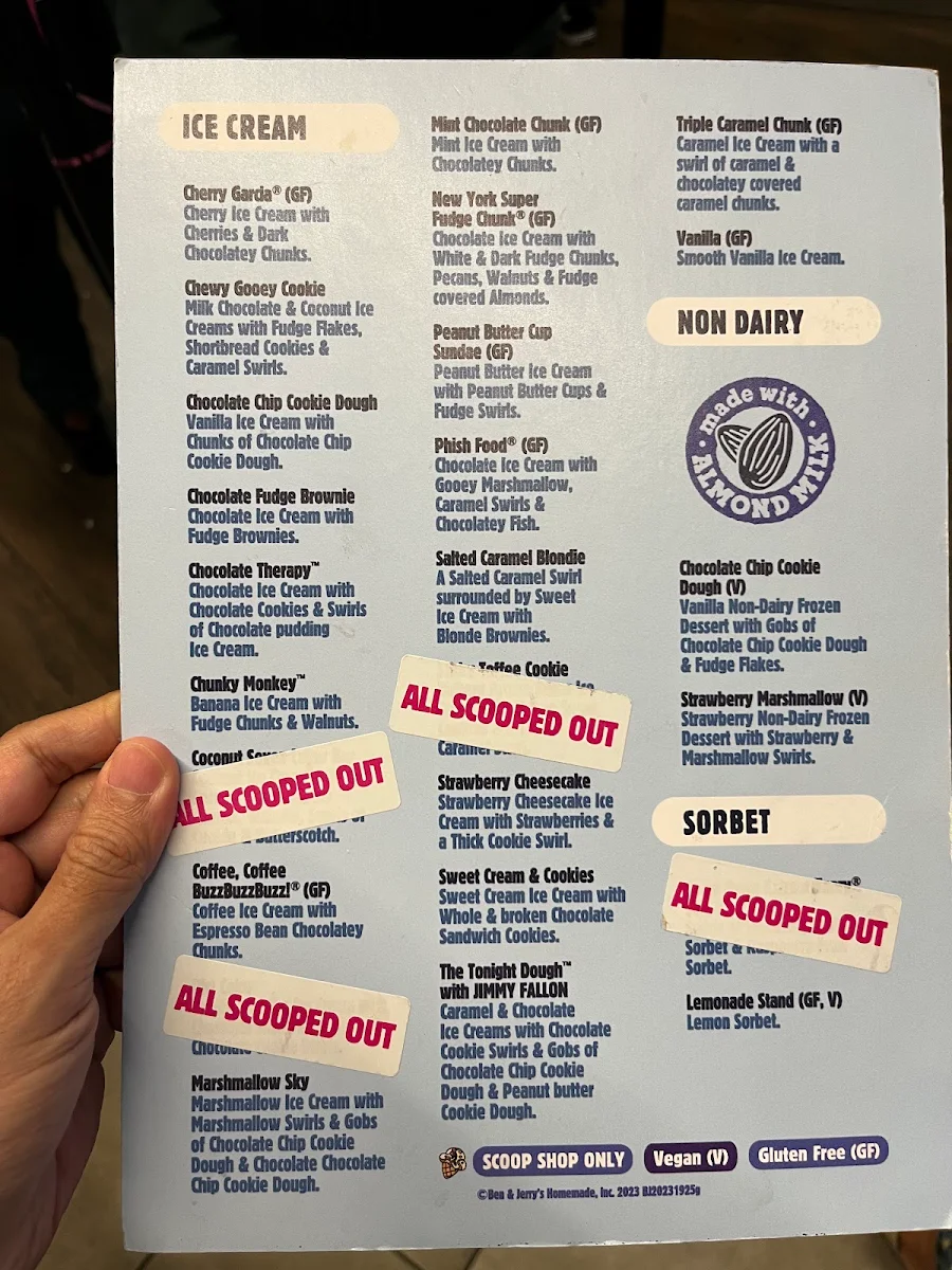 Menu, Ben & Jerry's