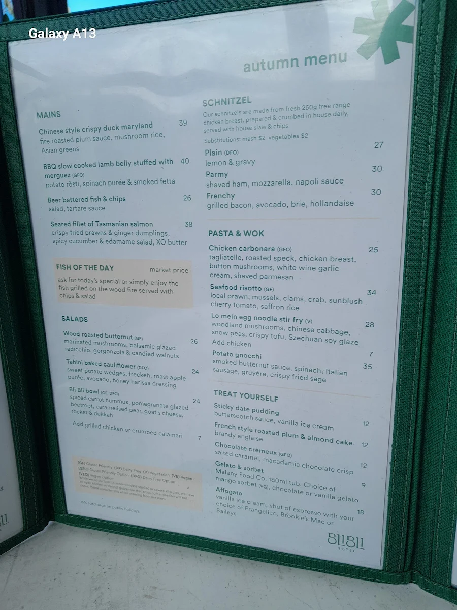 Menu, Bli Bli Hotel