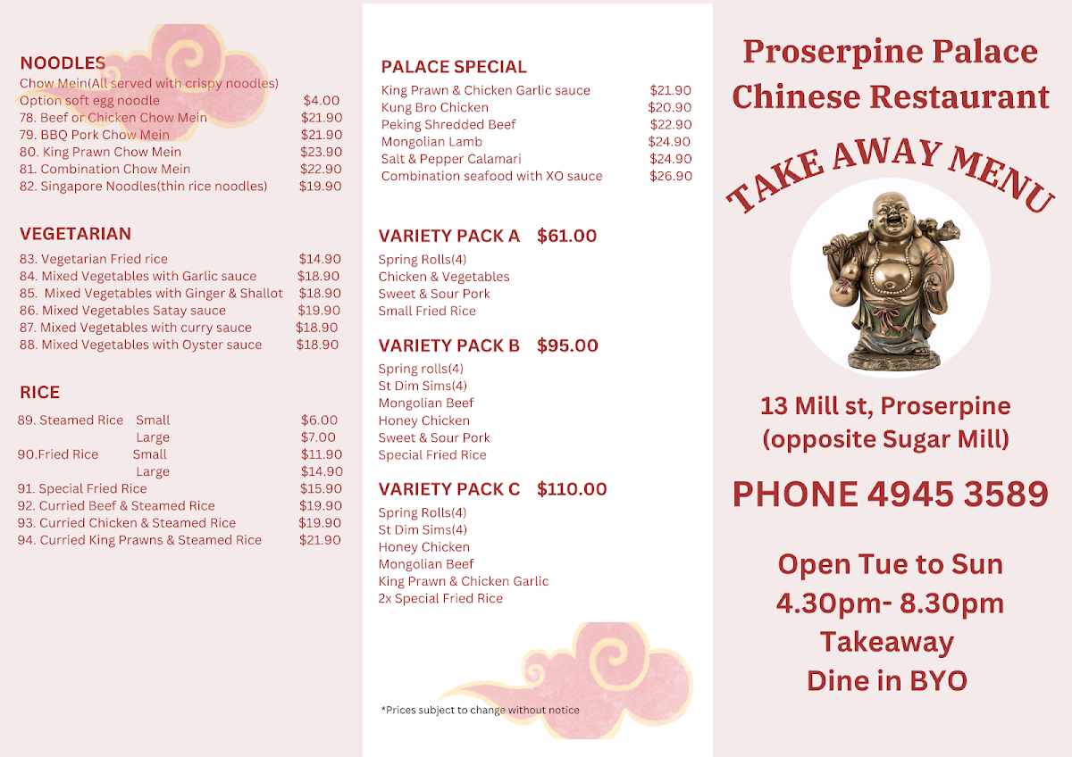 Menu, Proserpine Palace Chinese Restaurant