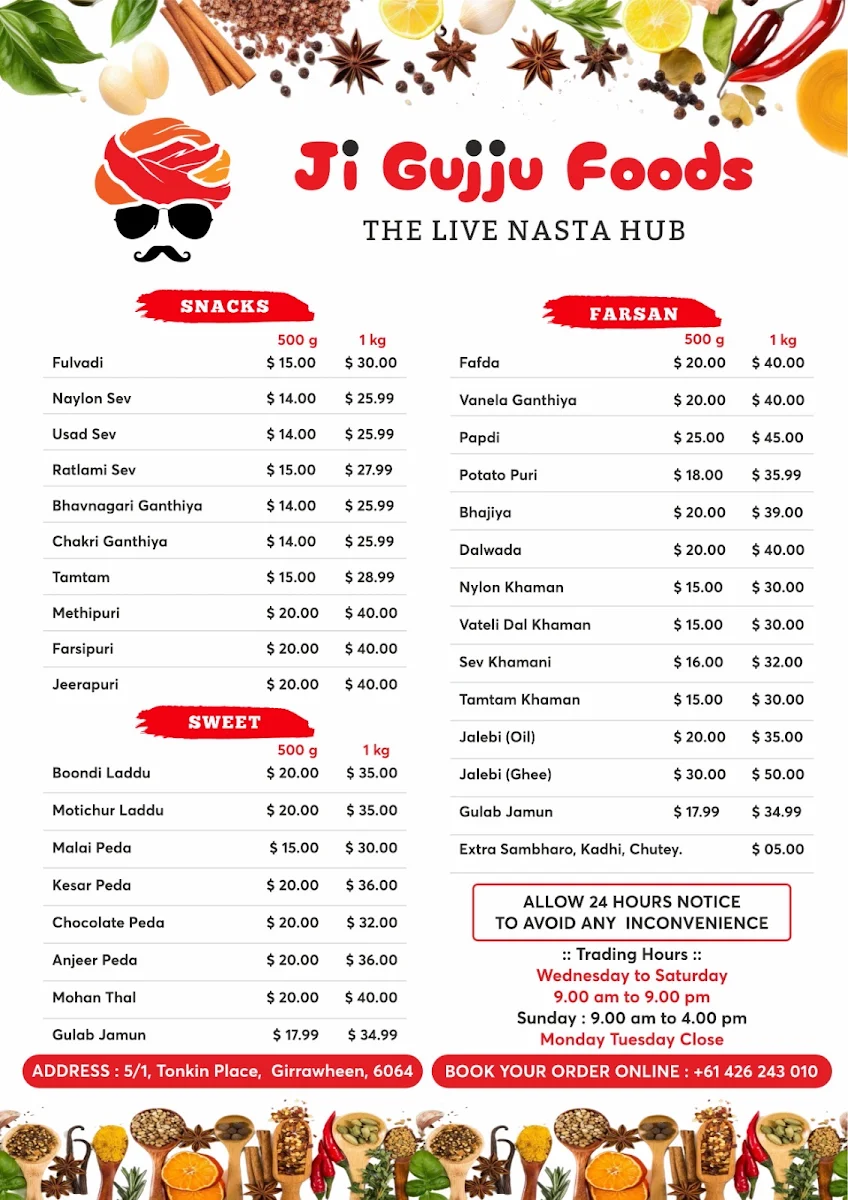 Menu, Ji Gujju Foods