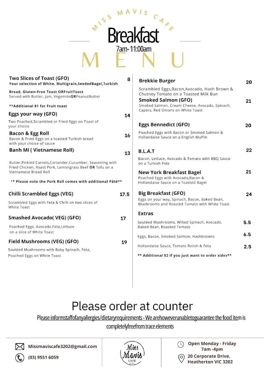 Menu, Miss Mavis Cafe
